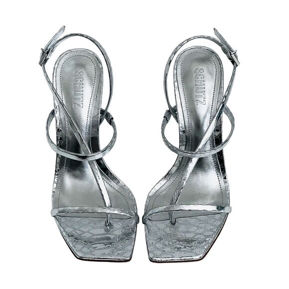 Schutz Womens Heloise Silver Metallic High Heel Square Toe Sandal Size 8 - Picture 5 of 13